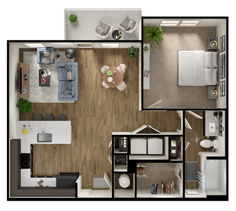 A top-down view of a living room, kitchen, and dining area.